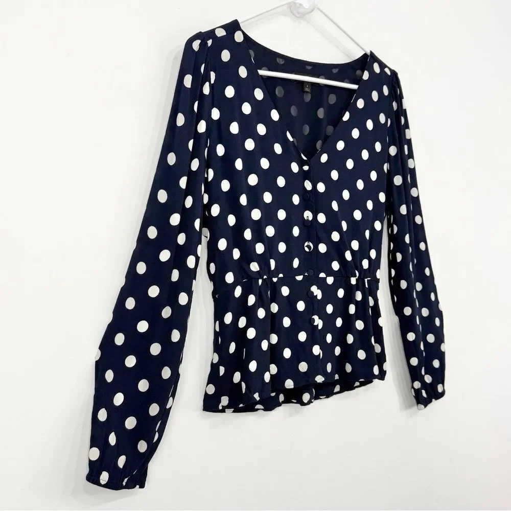 J. Crew Navy Blue White Polka Dot Crepe V Neck Button Front Peplum Blouse